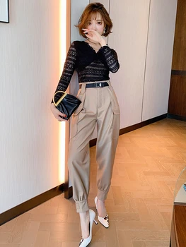 

Fashion sexy hollow lace crocheted V-neck blouse + high waist slim overalls suit women 2020 early autumn new