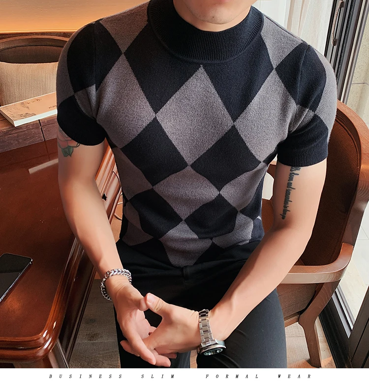 British Style Autumn Winter Short Sleeve Sweater Men Clothing Fashion Diamond Lattice Turtleneck All Match Casual Slim Pullovers