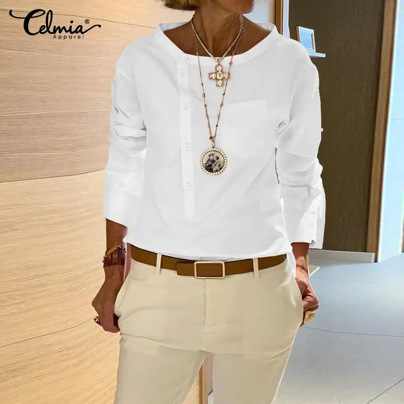 Women Vintage White Blouse Celmia 2020 Fashion Shirts Long Sleeve Buttons Solid Casual Loose Tops Blusas Femininas Plus Size 5XL Women Vintage White Blouse Celmia 2020 Fashion Shirts Long Sleeve Buttons Solid Casual Loose Tops Blusas Femininas Plus Size 5XL