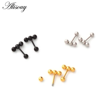 Alisouy 2pc Fashion Simple Multi Small Balls T bar Stud Earrings for Women Punk Stainless Steel Black/Gold/Silver color Ear Stud