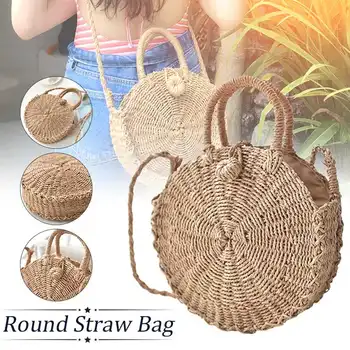 

Summer Straw Beach Bags Handmade Round Women Shoulder Bags Raffia Circle Rattan Tote Bags Bohemian Casual Woven Handbags