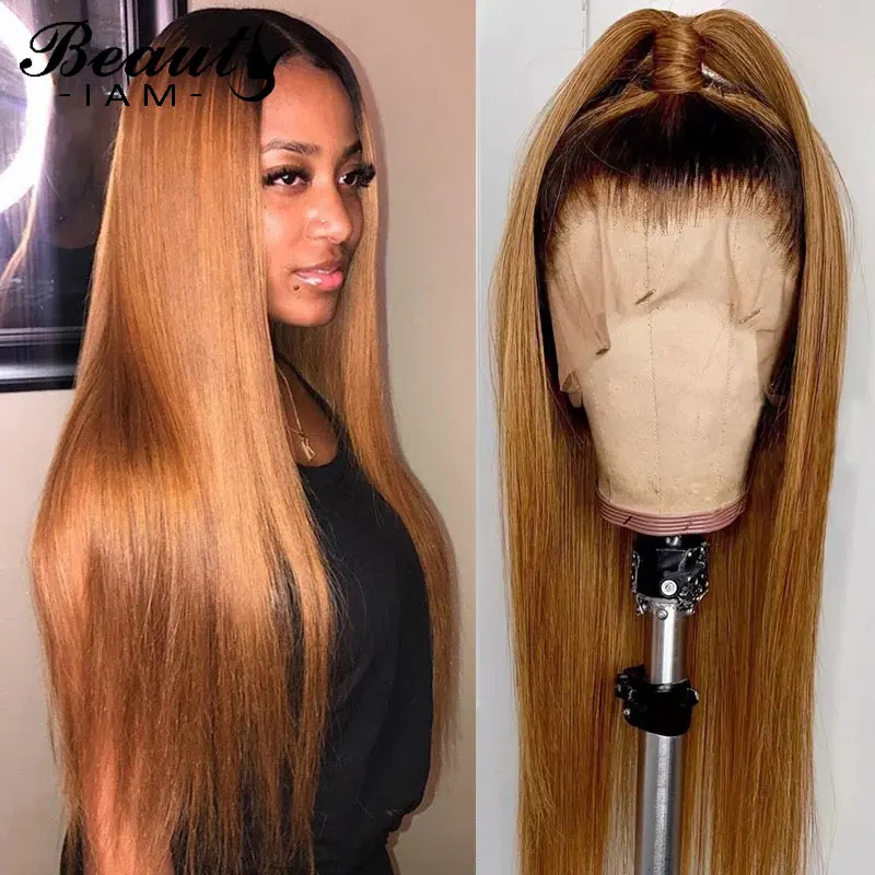 

1B/27 Ombre Straight Lace Front Human Hair Wigs For Women Honey Blonde Peruvian Remy Lace Front Wig Pre Plucked With Baby Hair