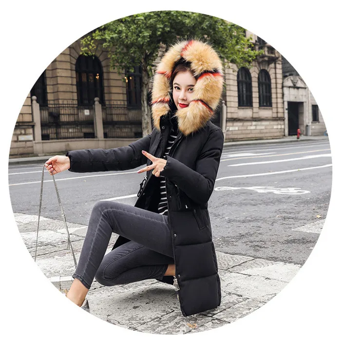 Черный Winter Medium Long Women Parkas Winter New Fashion Fur Collar Slim Down Cotton Jacket Female Large Size Hooded Coats XIN062 - Цвет: Черный