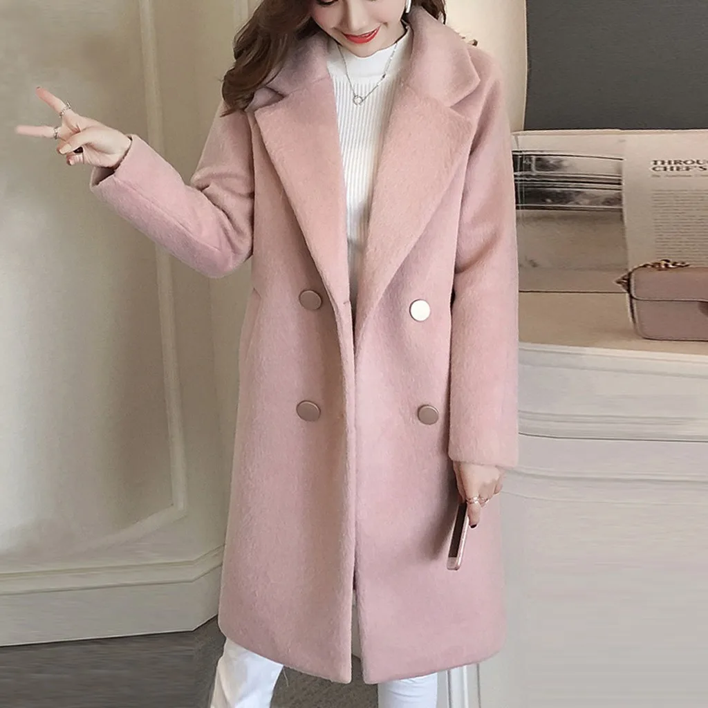 Women Wool Coats Vintage Winter Solid Color Work Office Blends Coats Long Sleeve Button Woolen Jacket Coat Ladies Oversize Coats