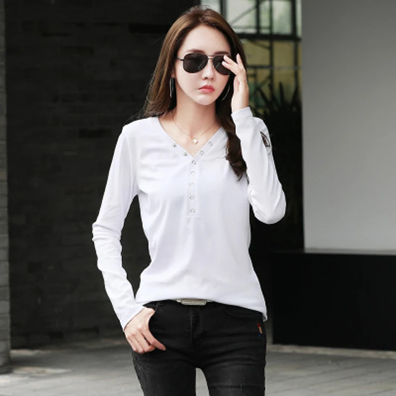 GGRIGH/Осенняя футболка с v-образным вырезом для женщин, Camisetas Mujer, хлопковые женские тонкие свитеры с пуговицами, футболка с длинными рукавами, Женская Корейская одежда - Цвет: Белый