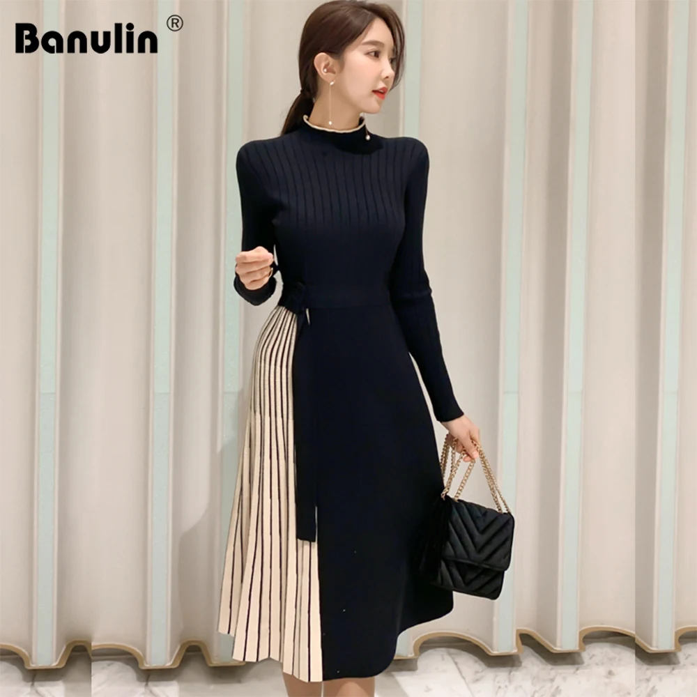 

New Autumn Winter Women Fashion Stitching Stripe Pleated Sweater Dresses Elegant Long Sleeve OL Midi Knitted Runway Vestidos