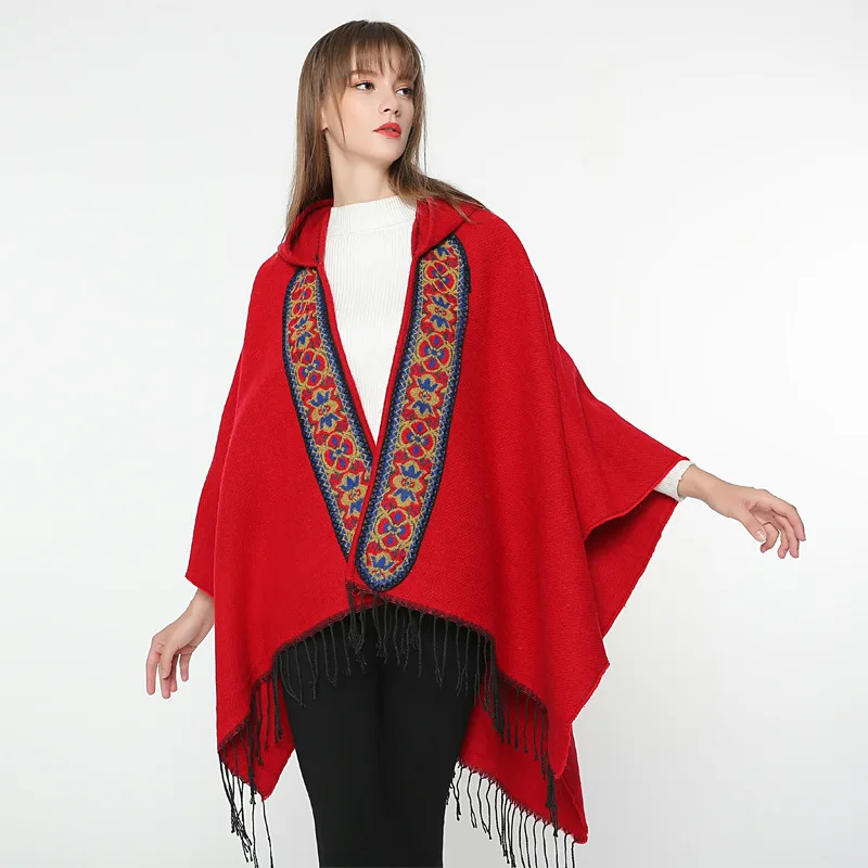 New Style Europe And America Women's Monochrome Ethnic-Style Hooded Cloak Air Conditioner Shawl Faux Cashmere Travel Scarf Women