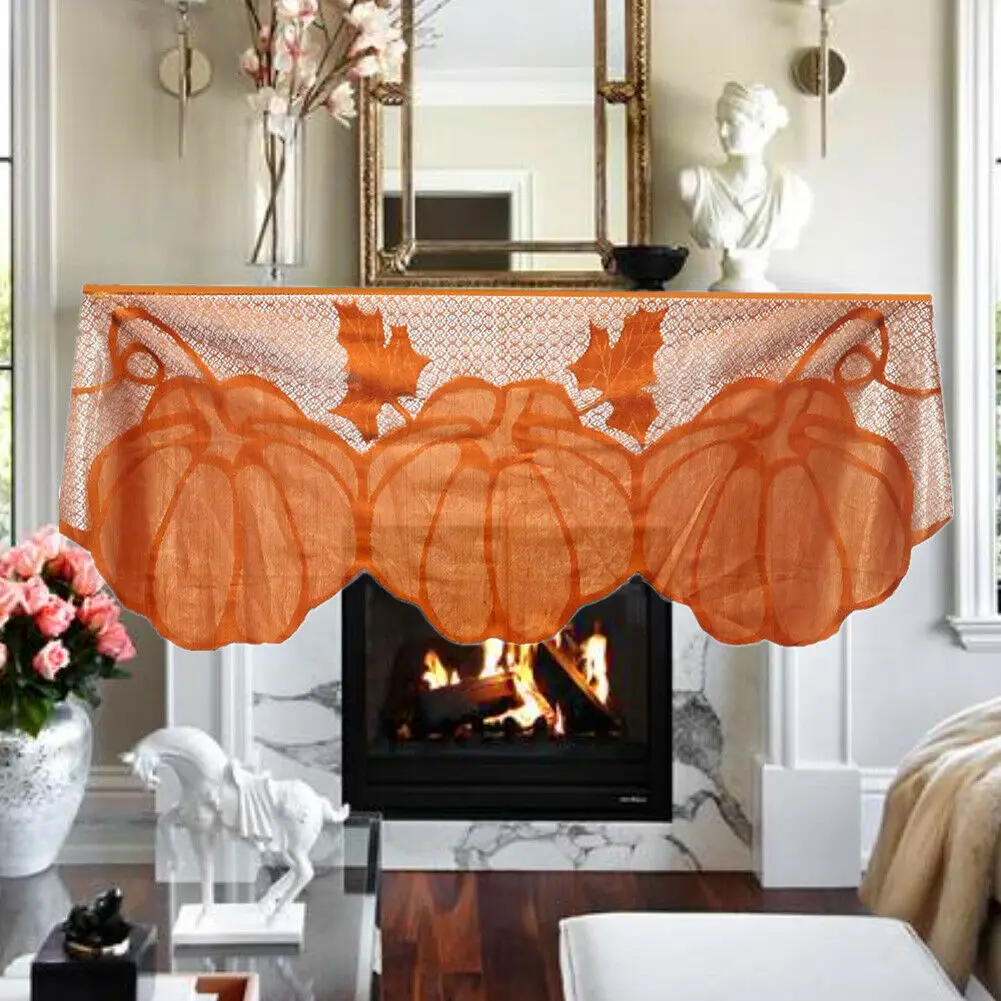 New Thanksgiving Lace Fireplace Cloth Pumpkin Maple Leaf Mantle Scarf Decor Set