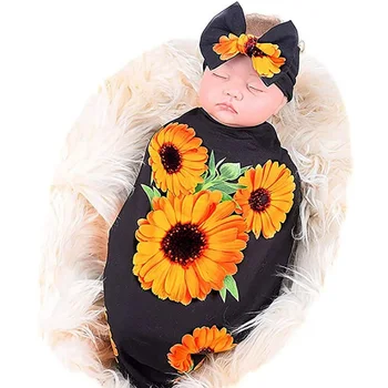 

2020 New Sunflower Newborn Baby Blanket Cotton Comfortable Soft Floral Wrap Sleeping Swaddling+ Bow Headband