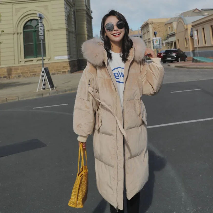 

2019chic2018 Korean-style Green over-the-Knee Long Ribbon down Coat Hooded Large Fur Collar Velvet Cotton-padded Clothes Women's