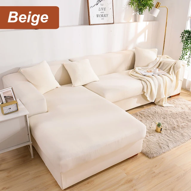L-Shaped Sofa Cover Corner Sofa Slipcovers Elastic Chaise Cover 1/2/3/4 Seater Stretch Sectional Couch Armchair Cover Protector Beige