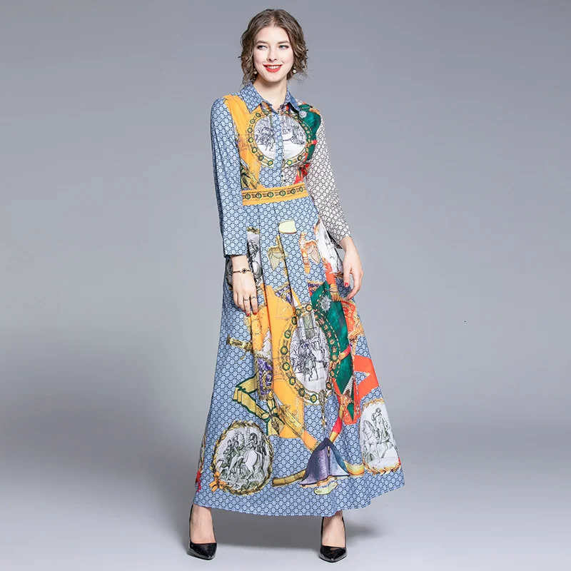 

2019 Brand Designer Runway Dress Women Autumn Dress Shirt Letters C Print Horses Wagon Warrior Floral Long Sleeve Maxi Dresses