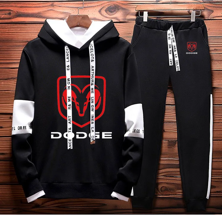 Мужские толстовки, свитшоты Dodge Car с логотипом, весенне-осенние толстовки с капюшоном+ штаны, 2 предмета, спортивный костюм, Флисовая теплая Толстая спортивная одежда - Цвет: Черный