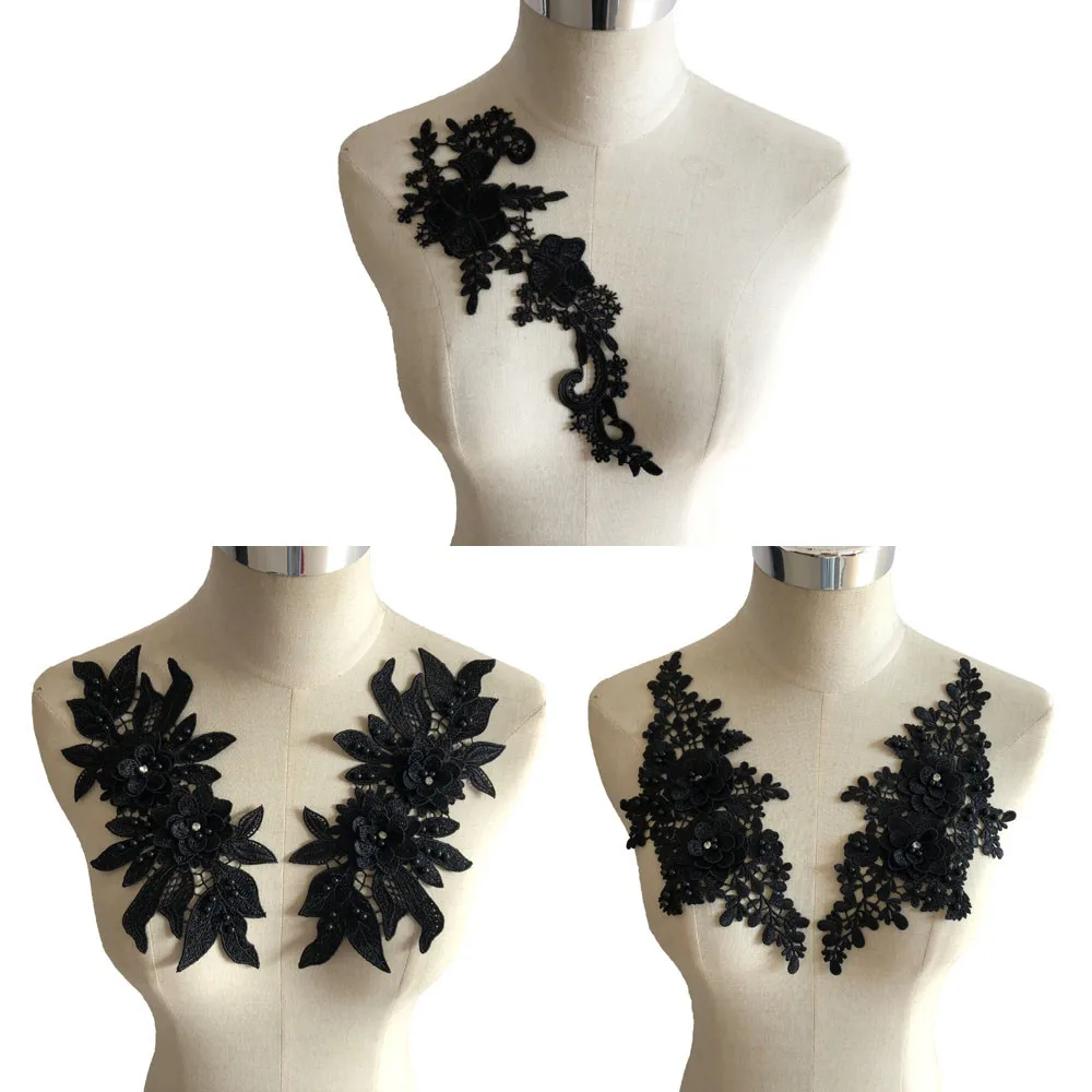 Пара черных цветов полиэстер полые воротник 3D Стразы ABS жемчужное платье великолепное DIY кружева ремесло вышивка применение