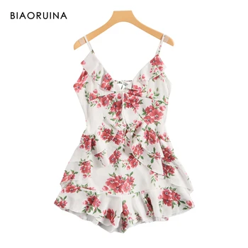 

BIAORUINA Women's Sexy Backless V-neck Floral Printed Playsuit Ruffles Beach Style Female Sleeveless Sweet Bodysuit Romper