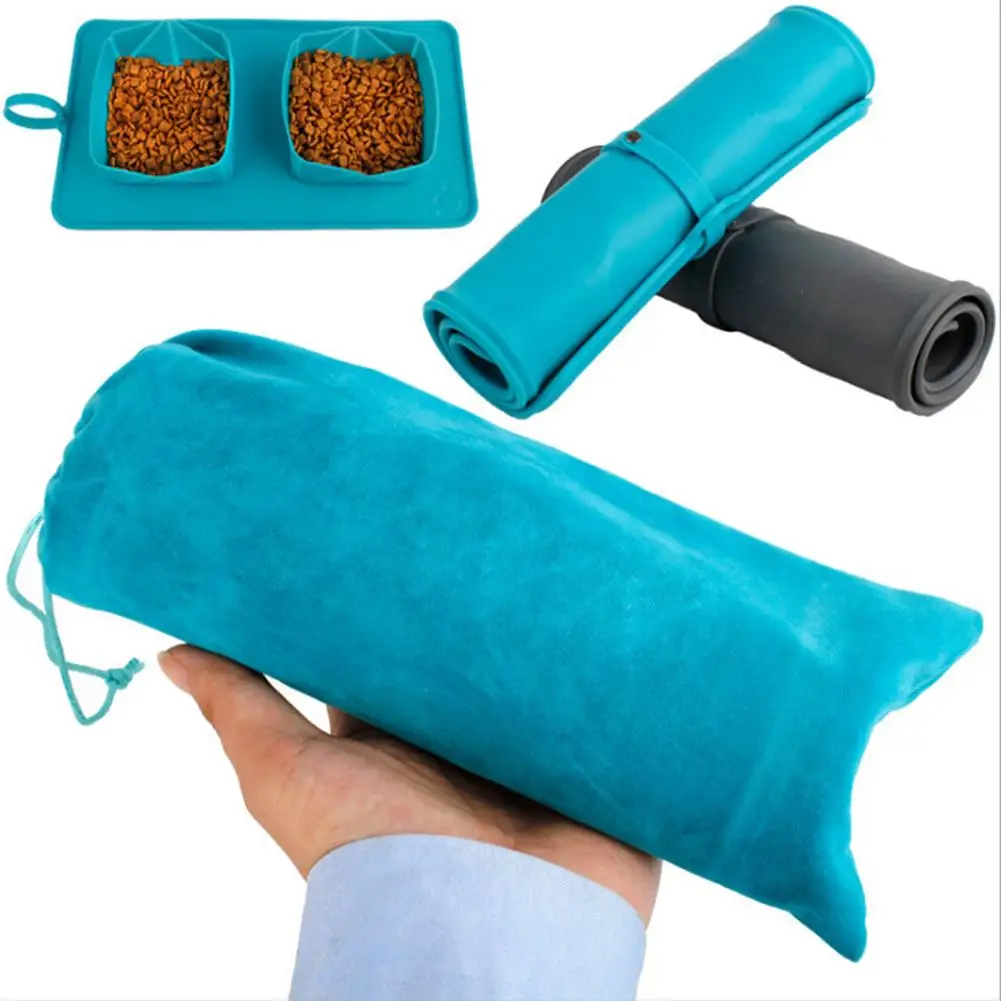 

600ml Folding Magic Pet Dog Cat Drinking Water Food Double Bowls Portable Outdoor Soft Silicone Mat Dog Feeding Carpet Dropship