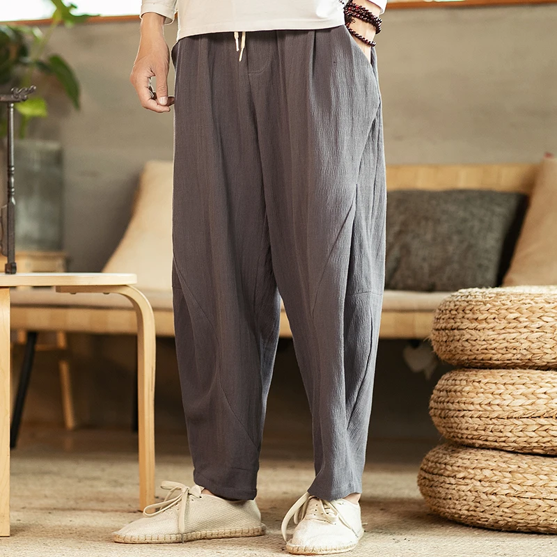 Casual pants Chinese style men's loose straight linen trousers Plus size M-5XL solid color Harajuku literary pants male
