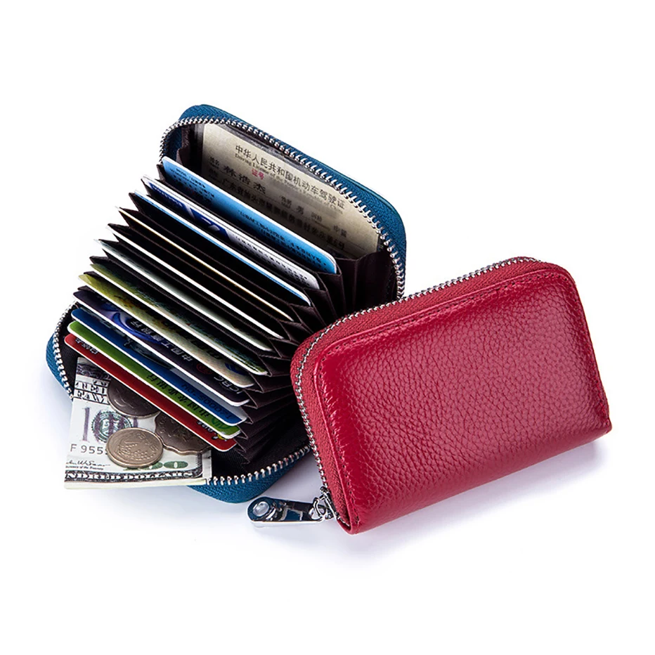 Genuine Leather Credit Card Case RFID Blocking Credit Card Holder Small Zipper Wallet with 12 Card Slots