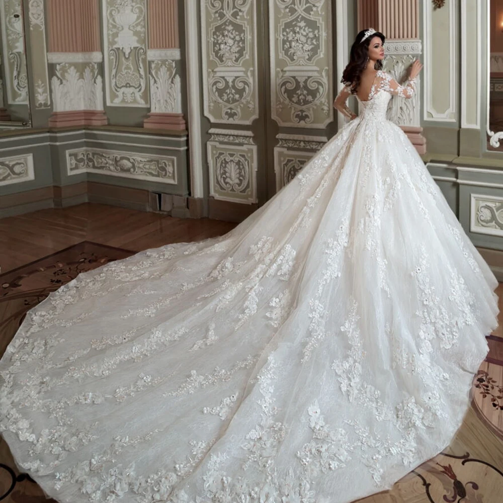 Великолепное бальное платье; свадебные платья; Vestido De Casamento; свадебное платье принцессы с длинным рукавом и кружевными цветочками