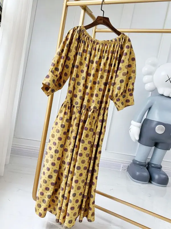 Yellow Женское платье Северной Европы желтое/ржавчее печатное с открытыми плечами негабаритное миди свободное платье - Цвет: Yellow