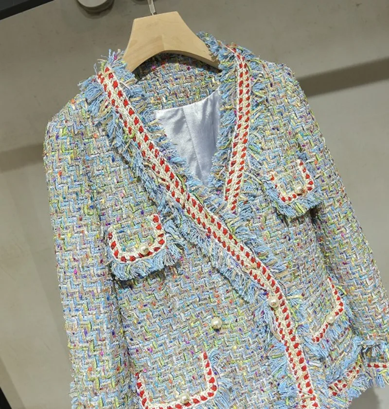 Top Brand High Quality Autumn Fashion New V-Neck Womens Tweed Jackets Long Sleeve Panelled Tassel Ladies Slim Fit Short Coats