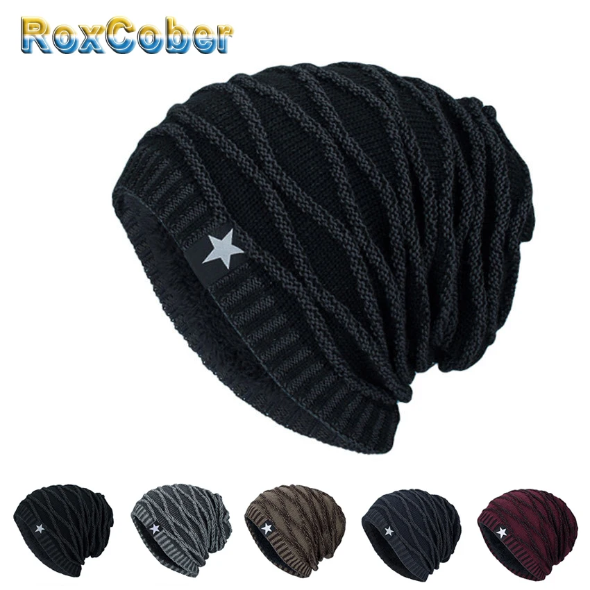 RoxCober мужские s Skullies зимние теплые шапки бини вязаные Cotto хип-хоп чулок шапка плюс бархатная раста шапка звезда шляпы для мужчин