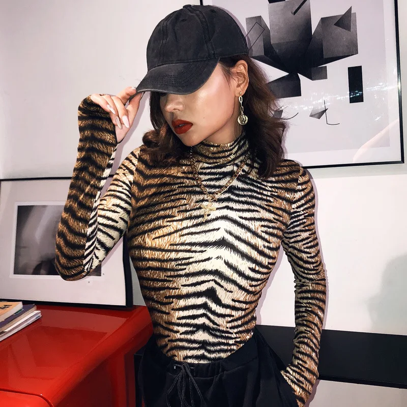 Shestyle Long Sleeve Tiger Animal Print Bodysuits Women Sexy Bodycon Turtleneck Cotton Autumn Winter Body Ladies 2019 Fashion lace bodysuit