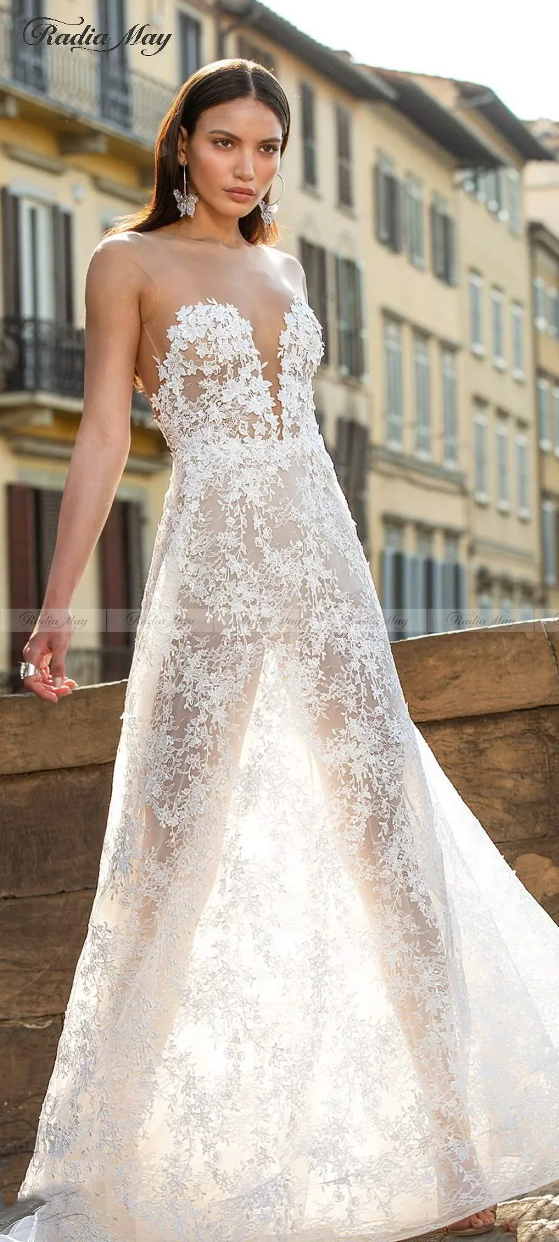 Vestidos de novia сексуальное иллюзионное кружевное пляжное свадебное платье с аппликацией 3D цветок с открытой спиной свадебное платье es A Line Boho платье невесты