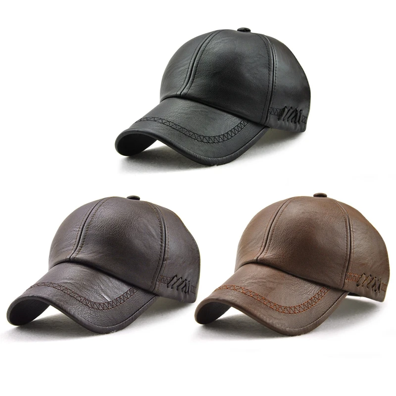 

High Quality Leather Cap For Men Solid Winter Pu Leather Baseball Caps Brand Snapback Hat Bone Masculino Fitted Hats