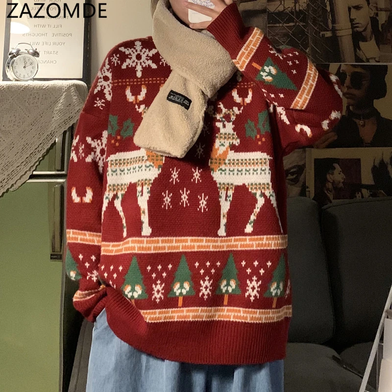 ZAZOMDE Unisex Christmas Sweater Funny Reindeer Printed Christmas Sweatshirt Men Crewneck Winter Xmas Sweaters Jumpers Tops