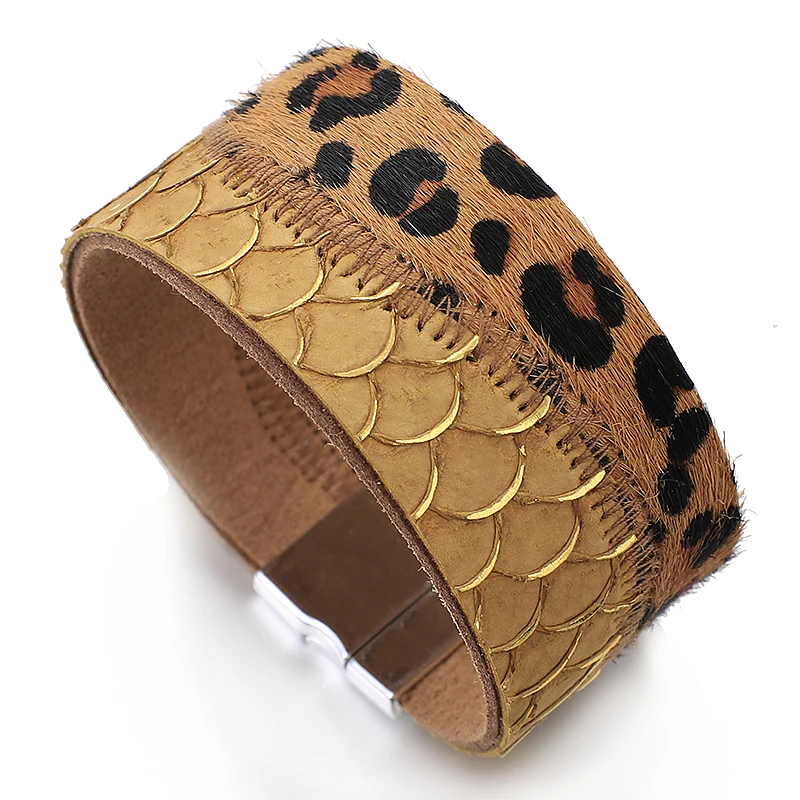 ALLYES винтажные леопардовые кожаные браслеты из конского волоса для женщин Ретро дракон рыбья чешуя широкий браслет обруча женские ювелирные изделия