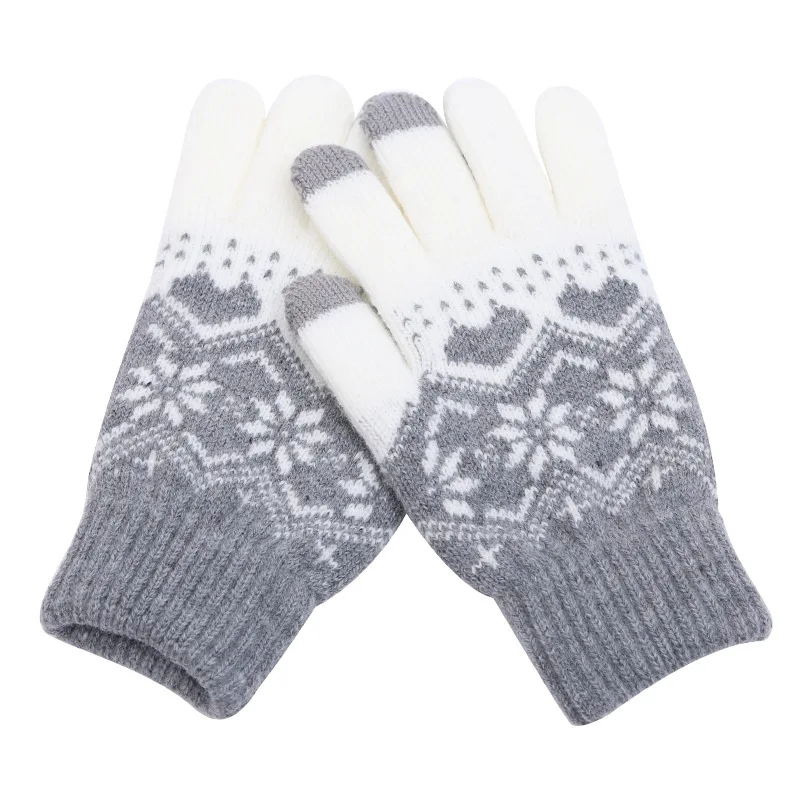 Зимние теплые перчатки с сенсорным экраном для мужчин и женщин, шерстяные вязаные перчатки, яркие цвета, варежки со снежинками для мобильного телефона, планшета - Цвет: gray