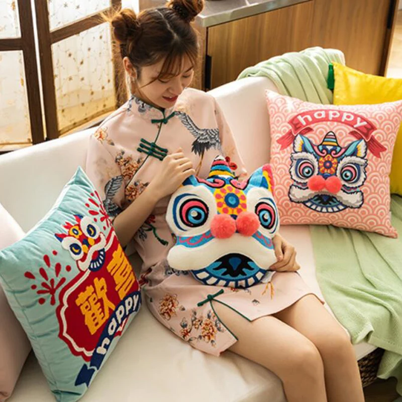 Joy Chinese Traditional Dance Lion Embroidery Cushion Sofa Chair Car Waist Cushion Wedding Bedding New Year Decorative Pillow