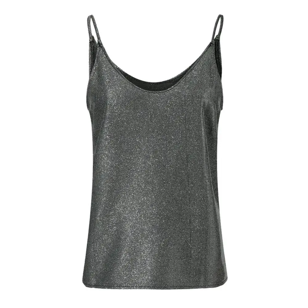 Silver Vest Женская блузка, Летний жилет с v-образным вырезом, блестящие Топы на бретельках, женская сексуальная блестящая майка на бретельках, Клубная одежда, feminino haut femme - Цвет: Silver Vest