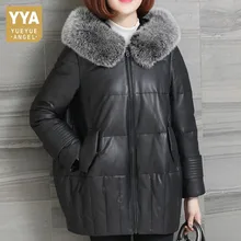 Женский пуховик из натуральной кожи высокого качества, повседневная короткая куртка с капюшоном и воротником из лисьего меха, зимняя черная верхняя одежда из натурального меха M-3XL