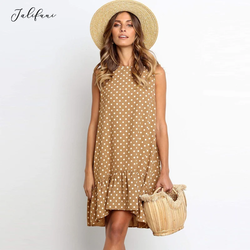 

Ruffles Polka Dot Summer Fashion Dress Women O-Neck Sleeveless Loose Natural Mini 2019 New Casua Plus Size Wowan Pink Dresses