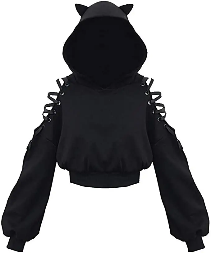 Womens Fashion Printing Sweatshirt Casual Bandage Long Sleeve Exposed Navel Hooded T-Shirt Black Black White Cat Eyes Little Cat