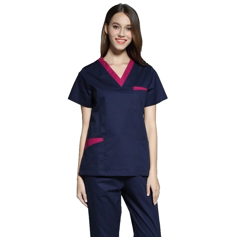 Dark blue set Женская мода скрабы набор V образным вырезом контрастного цвета дизайн топ+ эластичная талия брюки Чистый хлопок униформа для кормления - Цвет: Dark blue set