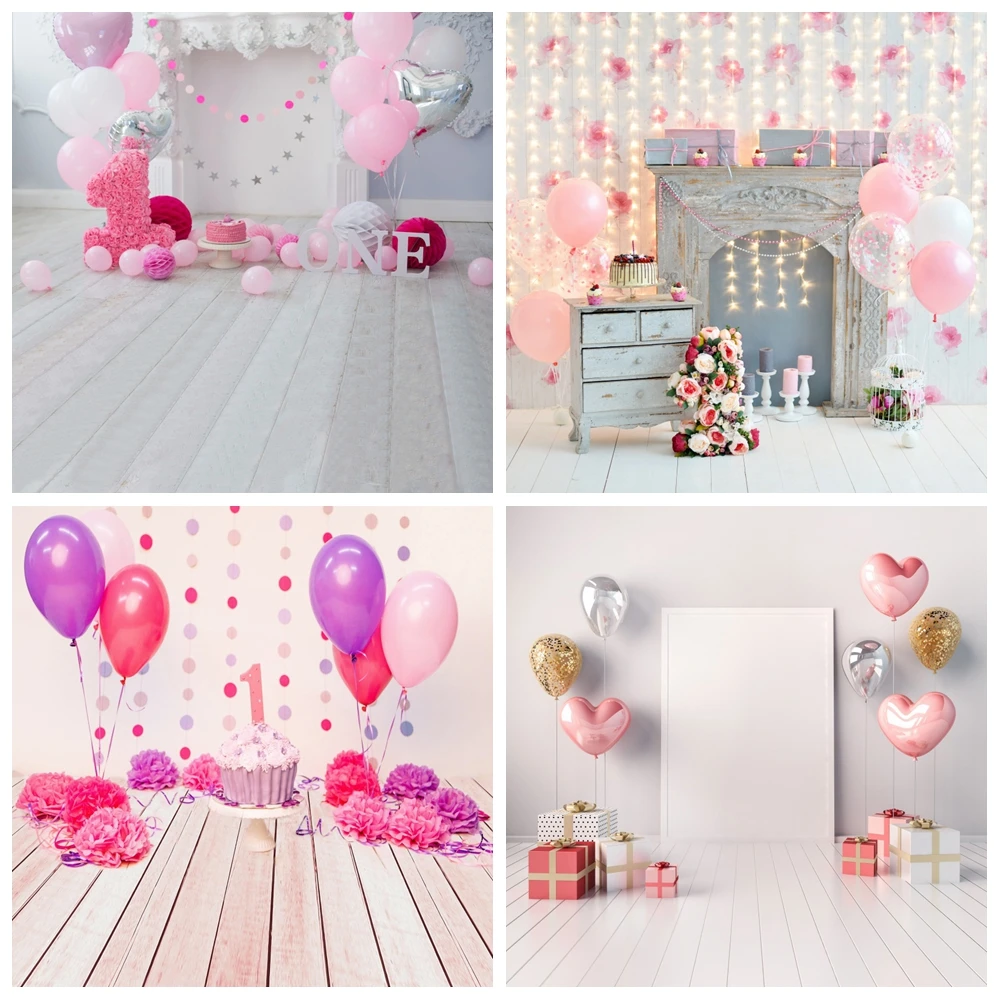 Розовый фон для первого дня рождения с воздушными шарами детский камин серый пол