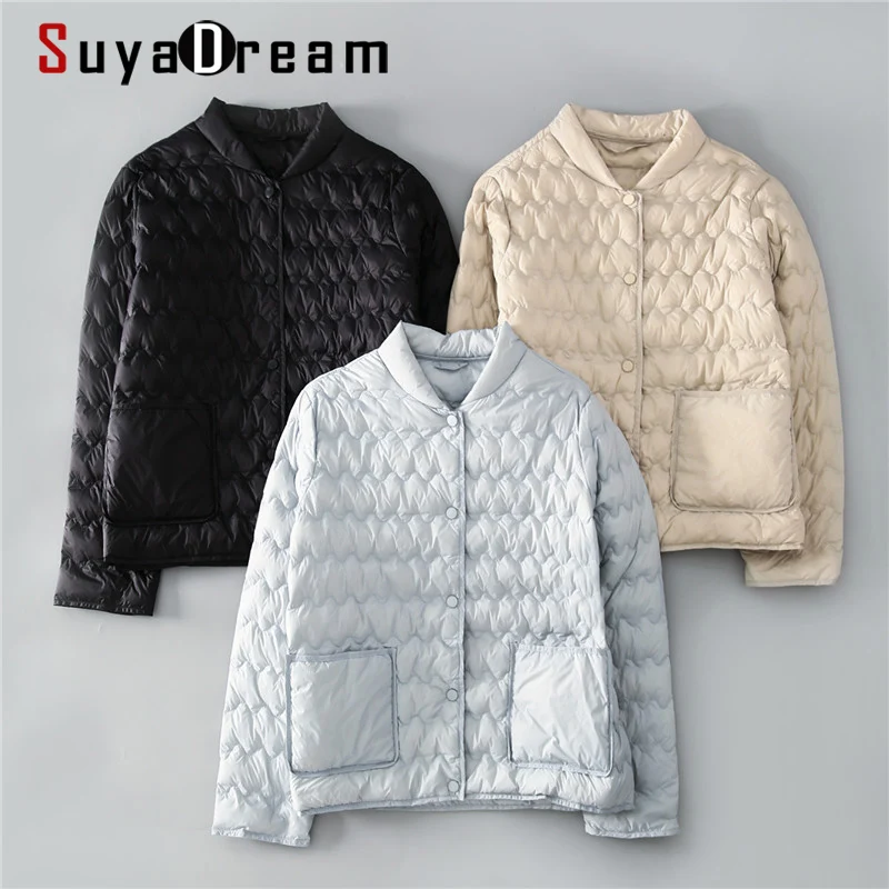 

SuyaDream Woman Down Coat 2020 Qulited Winter Jacket Solid Stand Collar Single Breasted Womens Parka