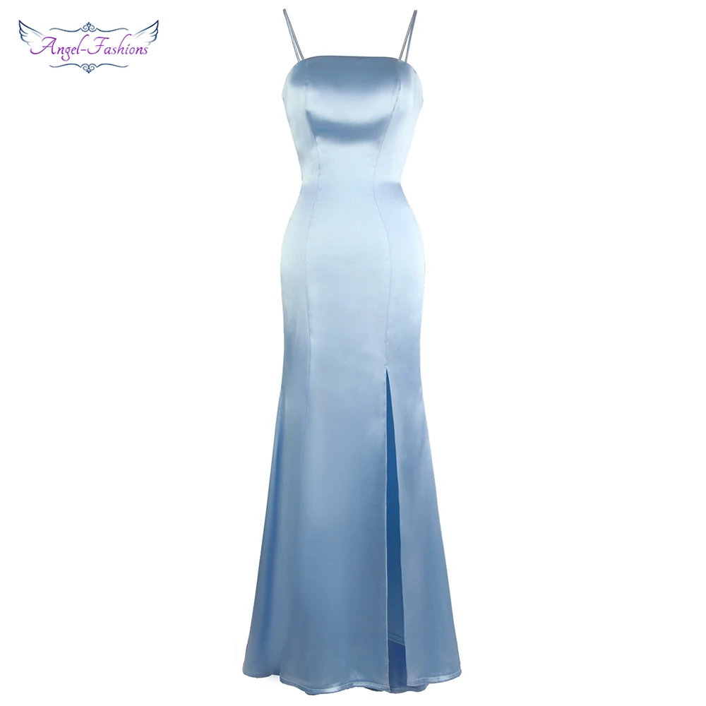 Angel-Fashion Спагетти ремень спинки атласное вечернее платье Длинный разрез свадебное платье W-191105-S