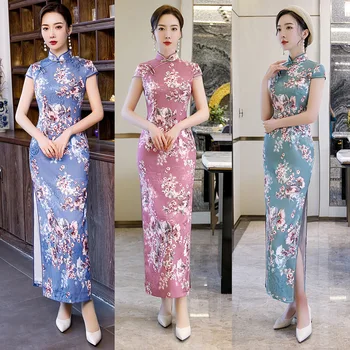 

New Traditional Print Floral Ladies Qipao Rayon Slim Long Cheongsam Elegant Woman Casual Dress Vintage Vestidos Size M-4XL