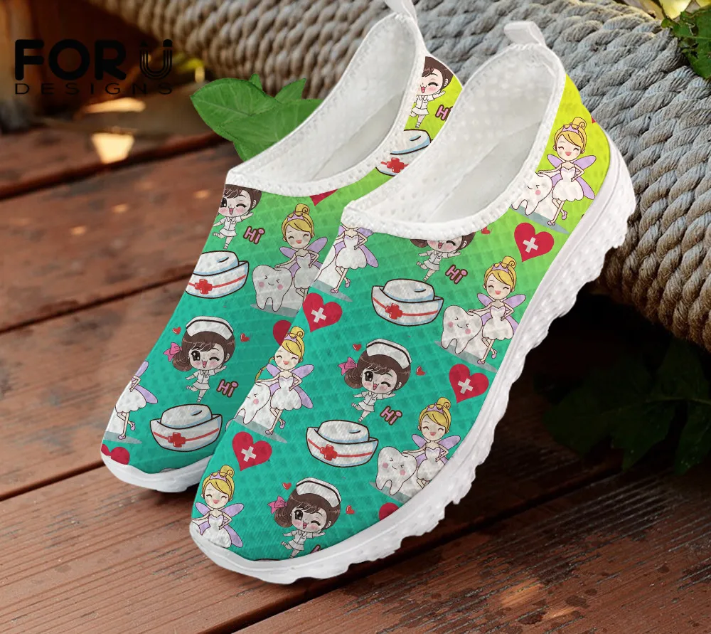 

FORUDESIGNS Cute Teeth Nurse Pattern Women Summer Mesh Breathable Flats Shoes Ladies Comfortable Slip On Shoes Zapatos de Mujer