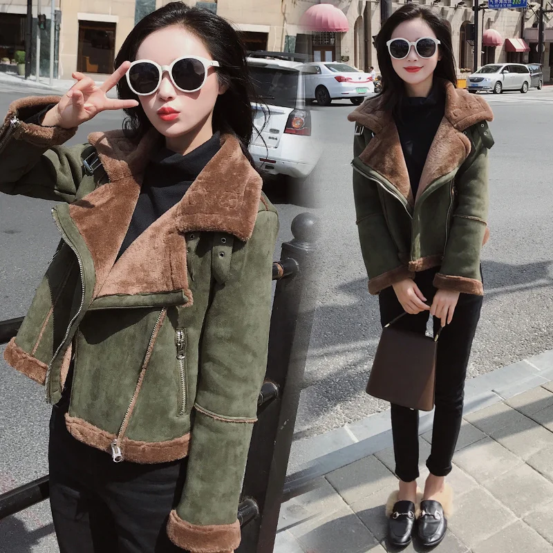

Women Plus Velvet Jacket Loose Fur One Short Suede Jacket Thickening Motor Clothing Jacket Female Winter Thick Top Zipper Pocket
