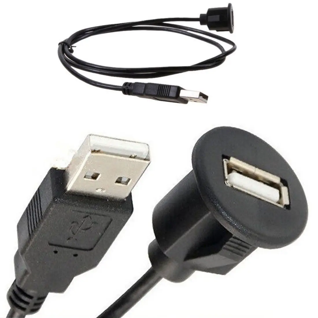 Male to Female Extension Socket Cable Black Car Panel 1m Flush Mount USB 2 0 Board 2