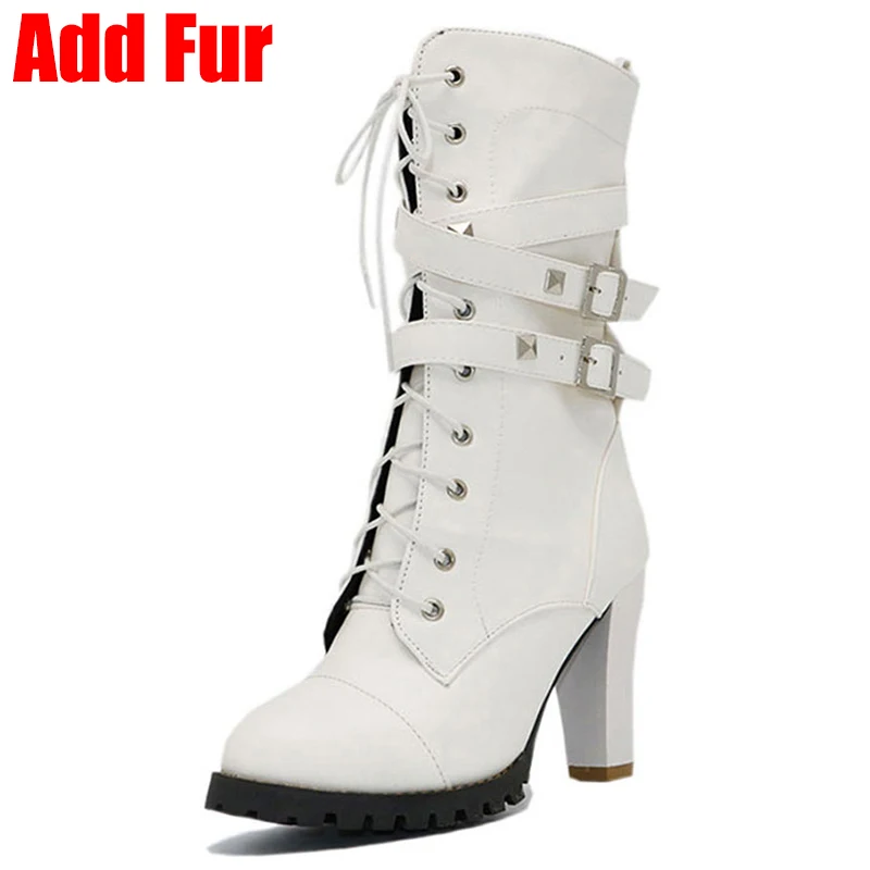white add fur1 ALLENLYNN/женские мотоциклетные ботинки; ботильоны в западном стиле; женская обувь; женские осенние ботинки на высоком каблуке с пряжкой; Размеры 33-48 - Цвет: white add fur1