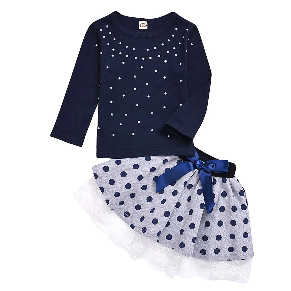 Комплекты одежды для маленьких девочек; детская одежда; синий топ с длинными рукавами и бусинами; короткая юбка в горошек; осенний комплект из 2 предметов для маленьких девочек