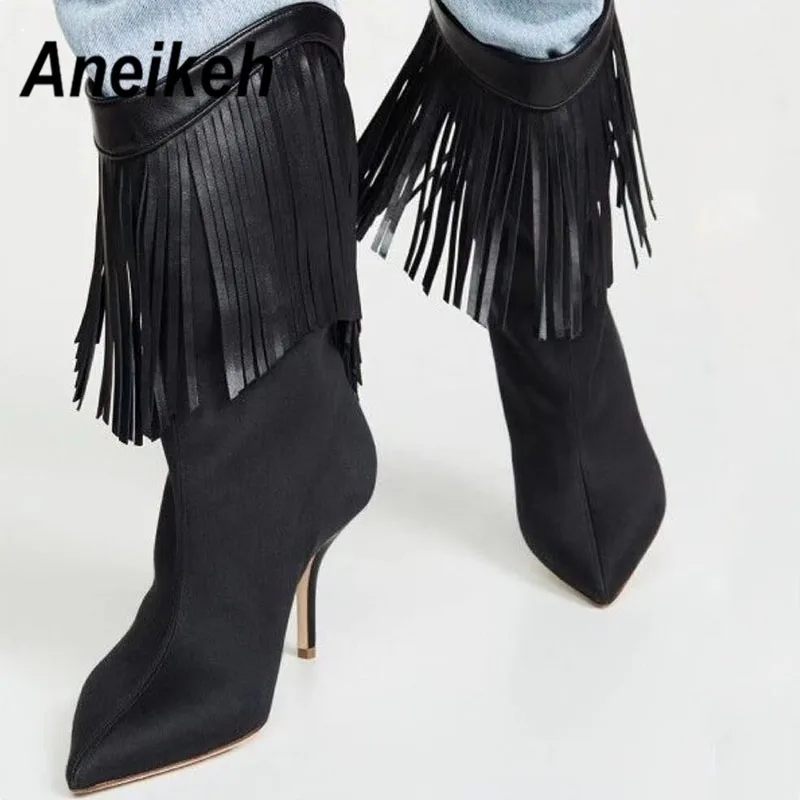 

Aneikeh Spring Autumn Black Tassels Ankle Boots Women Pointed Toe High Heel Boots Suede Zip Thin High Botas Mujer Party Shoes