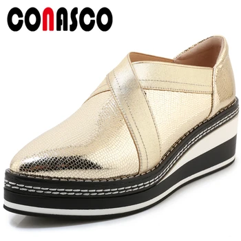 

CONASCO Fashion Concise Casual Spring Summer Genuine Leather Sheepskin Women Flats Cross-Tied Wedge Flat Platform Shoes Woman