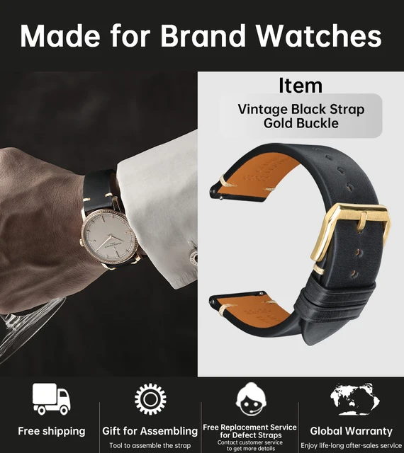 MAIKES Handmade Watchband Butterfly Buckle Vegetable Tanned Cow Leather Made In Italy Quick Release Bracelet Band Watch Strap Black G Buckle